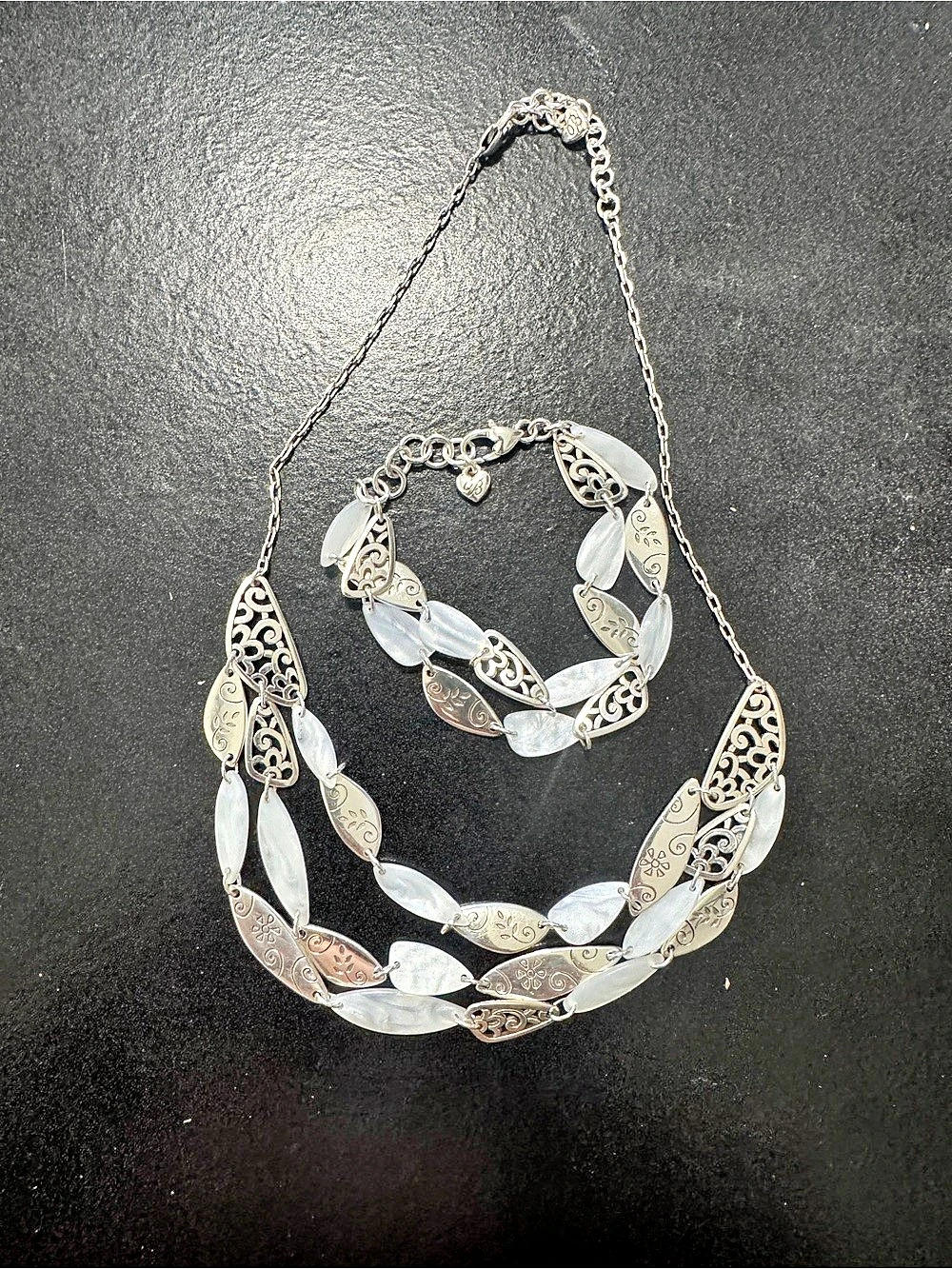 Brighton Matching Necklace & Bracelet Set Silver White Filigree